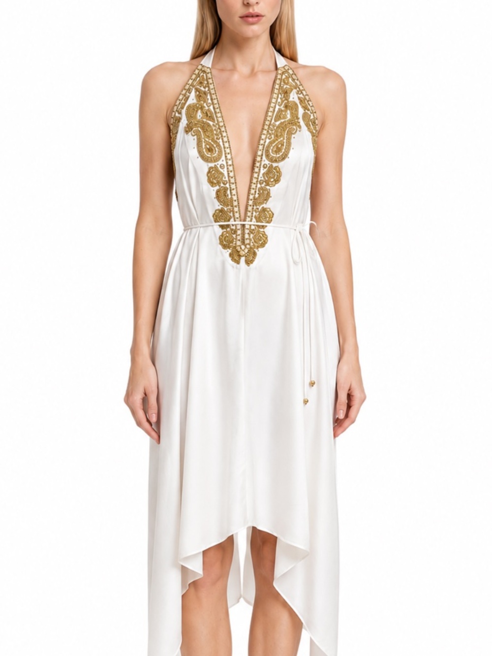 Designer White Gold Hand Beaded Halter High Low Dress Bridal Rehearsal Wedding
